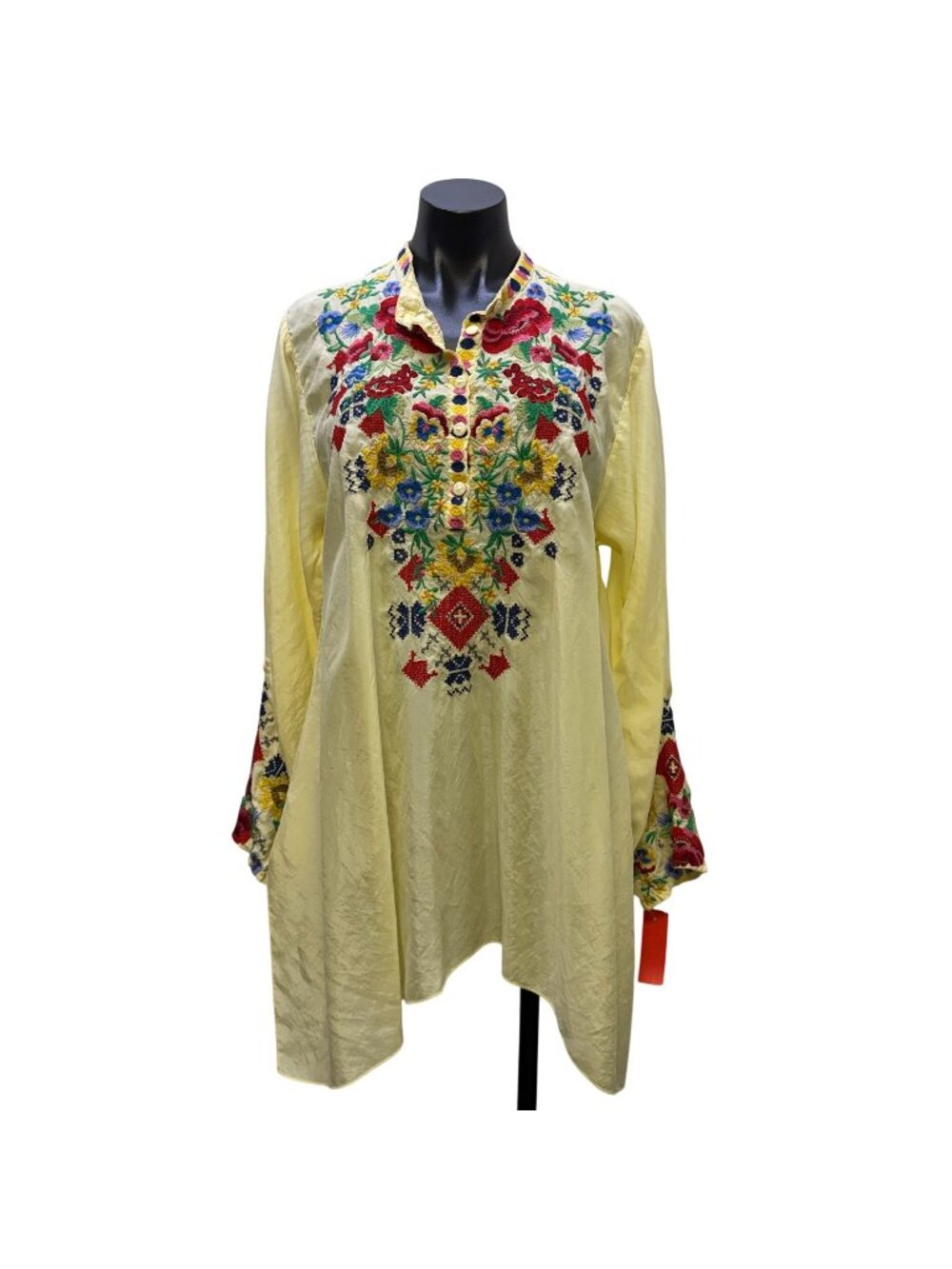 Johnny Was Biya Yellow Embroidered Floral Tunic Blouse Long Sleeve Size L